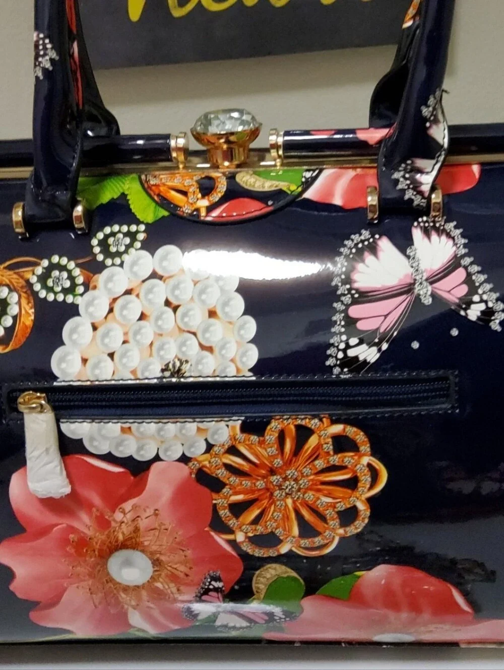Patent Floral Satchel Handbag - Navy with Pink Flowers